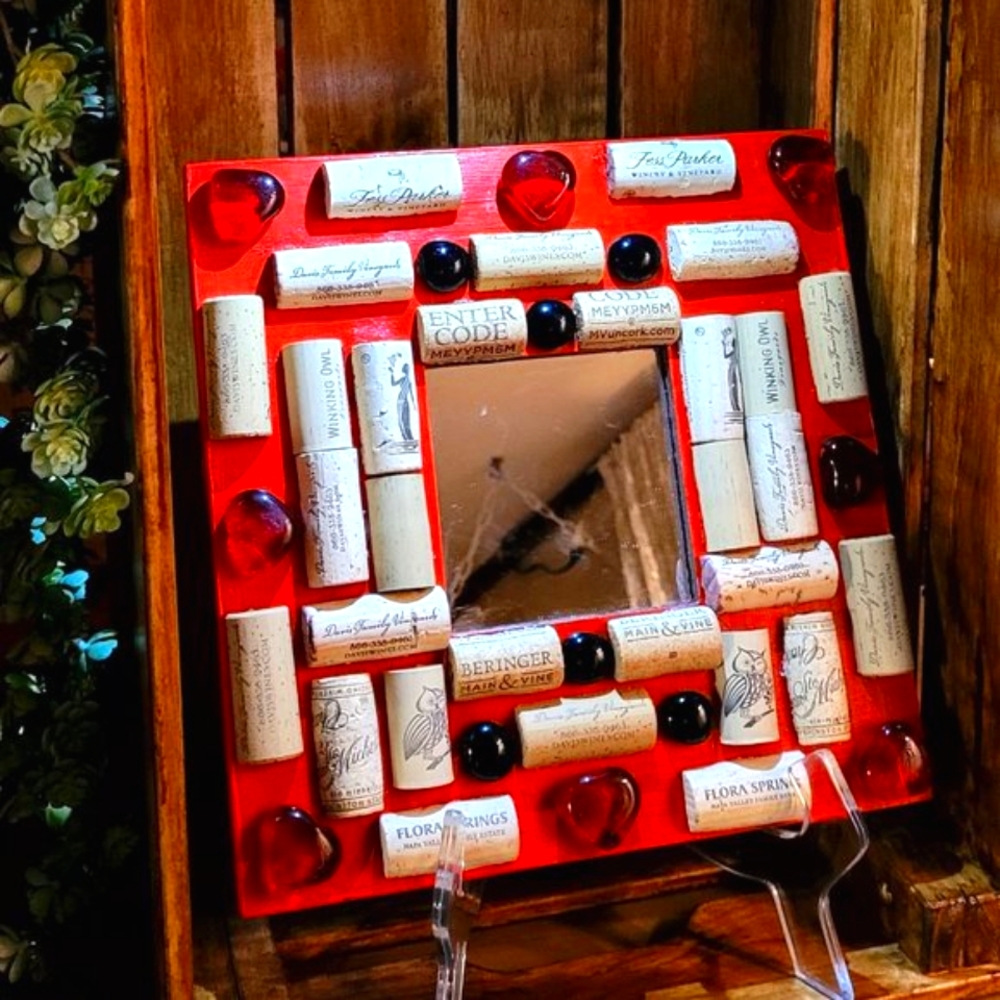 Red Heart and Red Glass Cabochons Mirror Decor with Wine Cork-NWT-Handmade